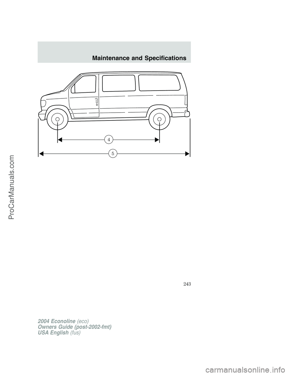 FORD E-150 2004  Owners Manual 4
5
2004 Econoline(eco)
Owners Guide (post-2002-fmt)
USA English(fus)
Maintenance and Specifications
243
ProCarManuals.com 