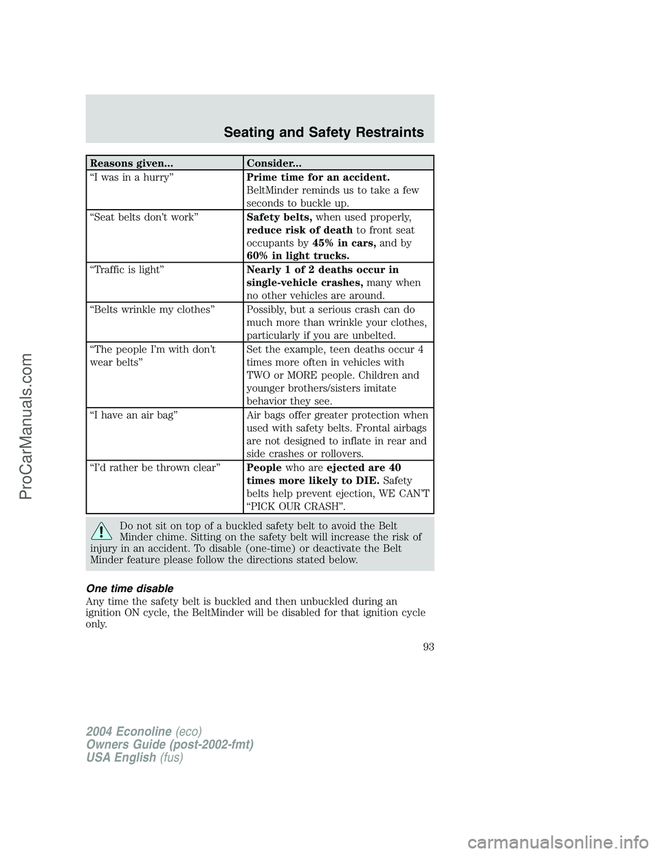 FORD E-150 2004  Owners Manual Reasons given... Consider...
“I was in a hurry”Prime time for an accident.
BeltMinder reminds us to take a few
seconds to buckle up.
“Seat belts don’t work”Safety belts,when used properly,
r