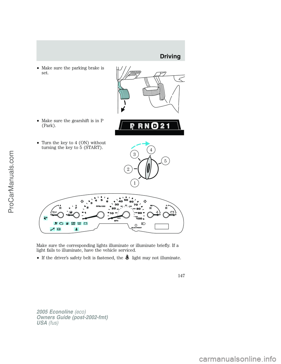 FORD E-150 2005  Owners Manual •Make sure the parking brake is
set.
•Make sure the gearshift is in P
(Park).
•Turn the key to 4 (ON) without
turning the key to 5 (START).
Make sure the corresponding lights illuminate or illum