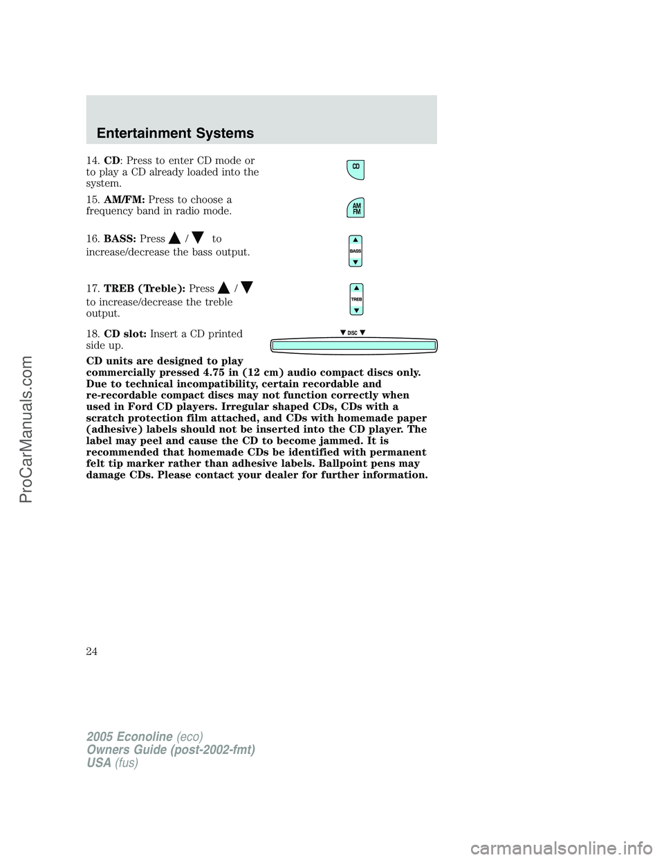 FORD E-150 2005  Owners Manual 14.CD: Press to enter CD mode or
to play a CD already loaded into the
system.
15.AM/FM:Press to choose a
frequency band in radio mode.
16.BASS:Press
/to
increase/decrease the bass output.
17.TREB (Tre