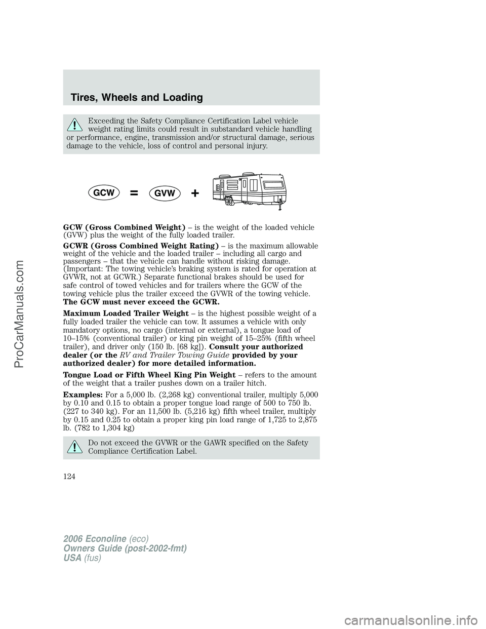 FORD E-150 2006  Owners Manual Exceeding the Safety Compliance Certification Label vehicle
weight rating limits could result in substandard vehicle handling
or performance, engine, transmission and/or structural damage, serious
dam