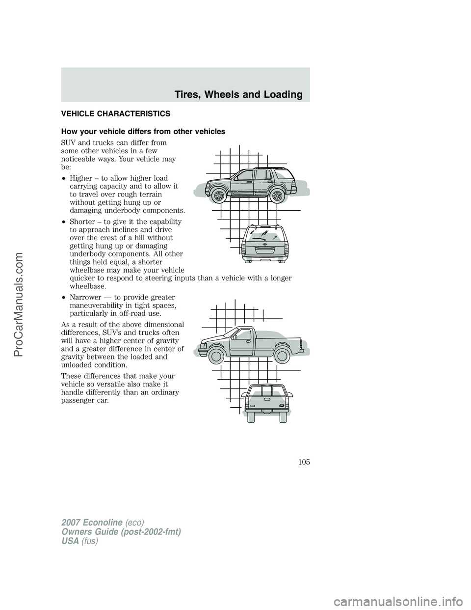 FORD E-150 2007 Owners Manual VEHICLE CHARACTERISTICS
How your vehicle differs from other vehicles
SUV and trucks can differ from
some other vehicles in a few
noticeable ways. Your vehicle may
be:
•Higher – to allow higher loa FORD E-150 2007 Owners Manual VEHICLE CHARACTERISTICS
How your vehicle differs from other vehicles
SUV and trucks can differ from
some other vehicles in a few
noticeable ways. Your vehicle may
be:
•Higher – to allow higher loa