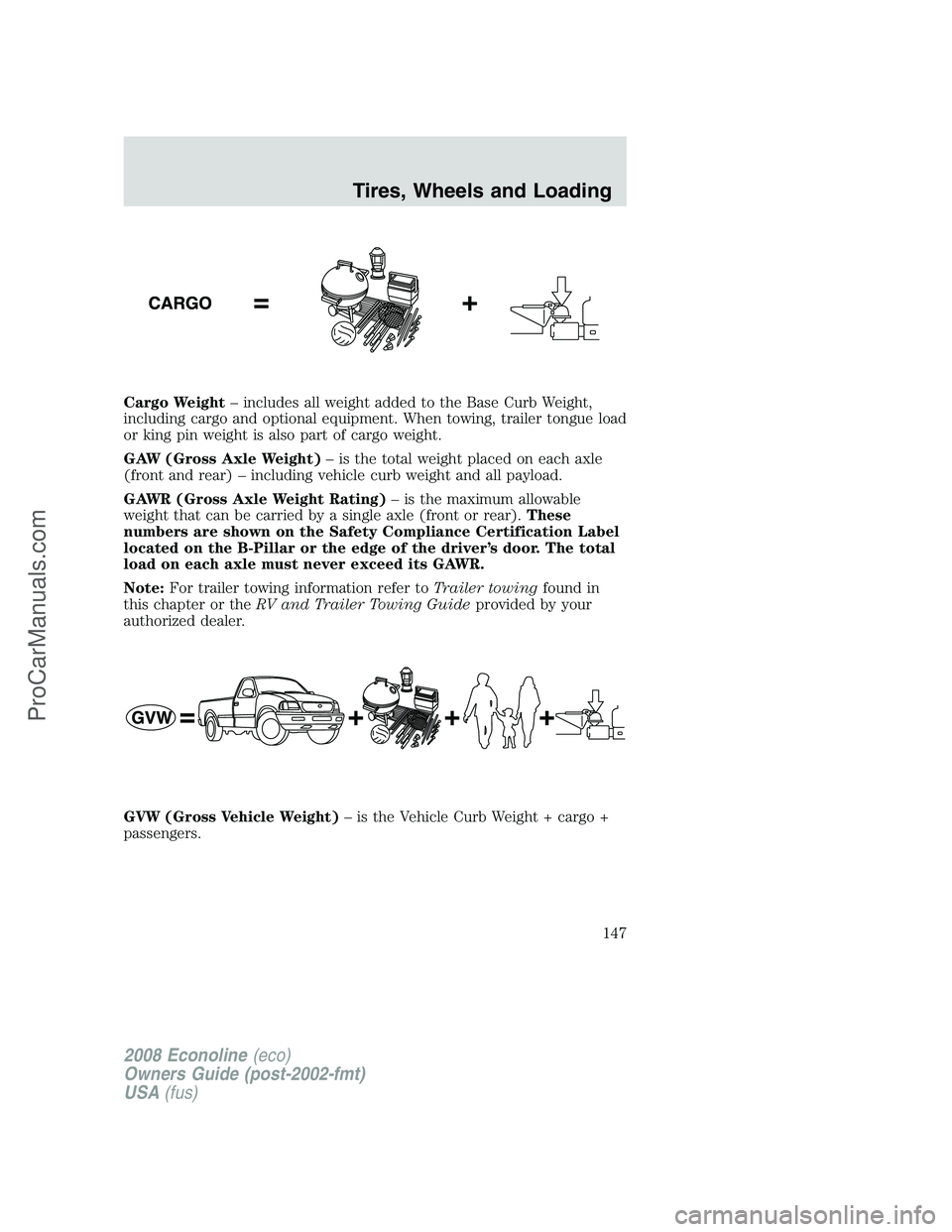 FORD E-150 2008  Owners Manual Cargo Weight– includes all weight added to the Base Curb Weight,
including cargo and optional equipment. When towing, trailer tongue load
or king pin weight is also part of cargo weight.
GAW (Gross 