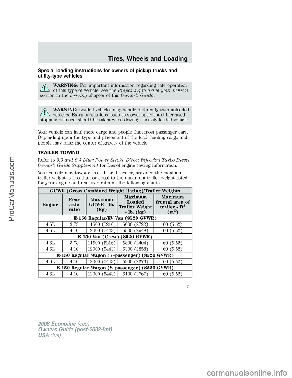 FORD E-150 2008  Owners Manual Special loading instructions for owners of pickup trucks and
utility-type vehicles
WARNING:For important information regarding safe operation
of this type of vehicle, see thePreparing to drive your ve