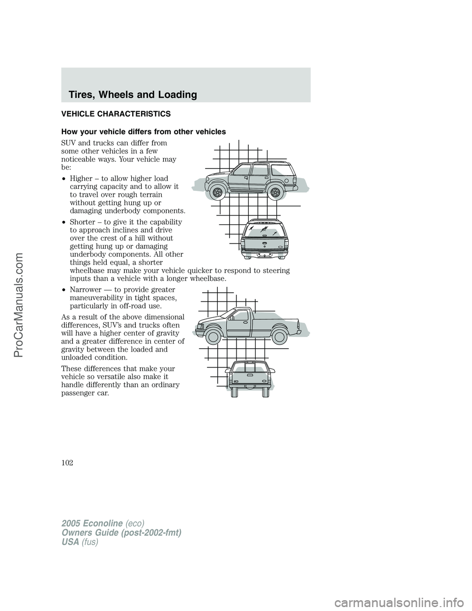 FORD E-250 2005  Owners Manual VEHICLE CHARACTERISTICS
How your vehicle differs from other vehicles
SUV and trucks can differ from
some other vehicles in a few
noticeable ways. Your vehicle may
be:
•Higher – to allow higher loa