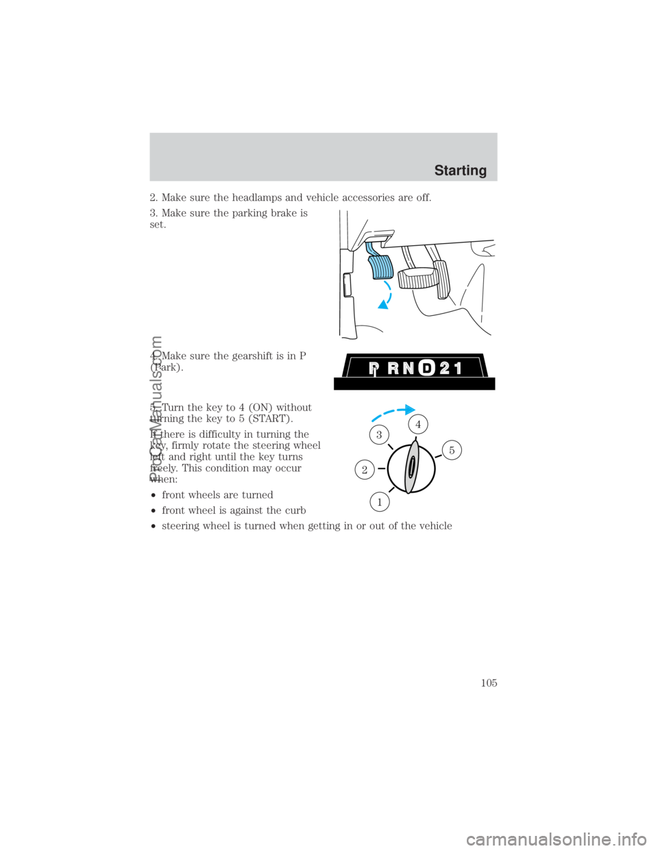 FORD E-250 2000  Owners Manual 2. Make sure the headlamps and vehicle accessories are off.
3. Make sure the parking brake is
set.
4. Make sure the gearshift is in P
(Park).
5. Turn the key to 4 (ON) without
turning the key to 5 (ST