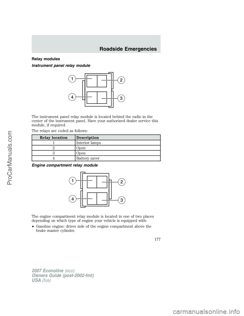 FORD E-250 2007  Owners Manual Relay modules
Instrument panel relay module
The instrument panel relay module is located behind the radio in the
center of the instrument panel. Have your authorized dealer service this
module, if req