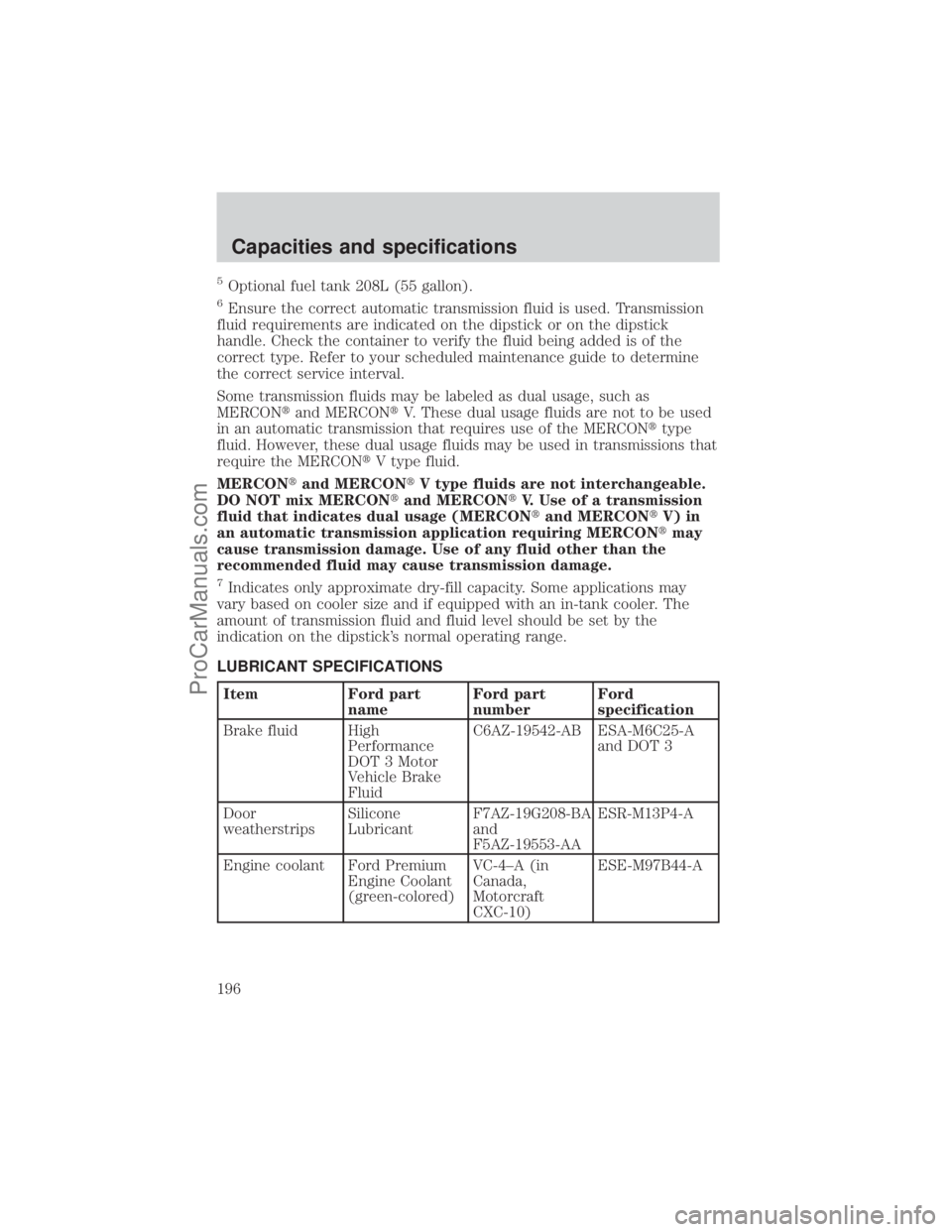 FORD E-250 2001  Owners Manual 5Optional fuel tank 208L (55 gallon).
6Ensure the correct automatic transmission fluid is used. Transmission
fluid requirements are indicated on the dipstick or on the dipstick
handle. Check the conta