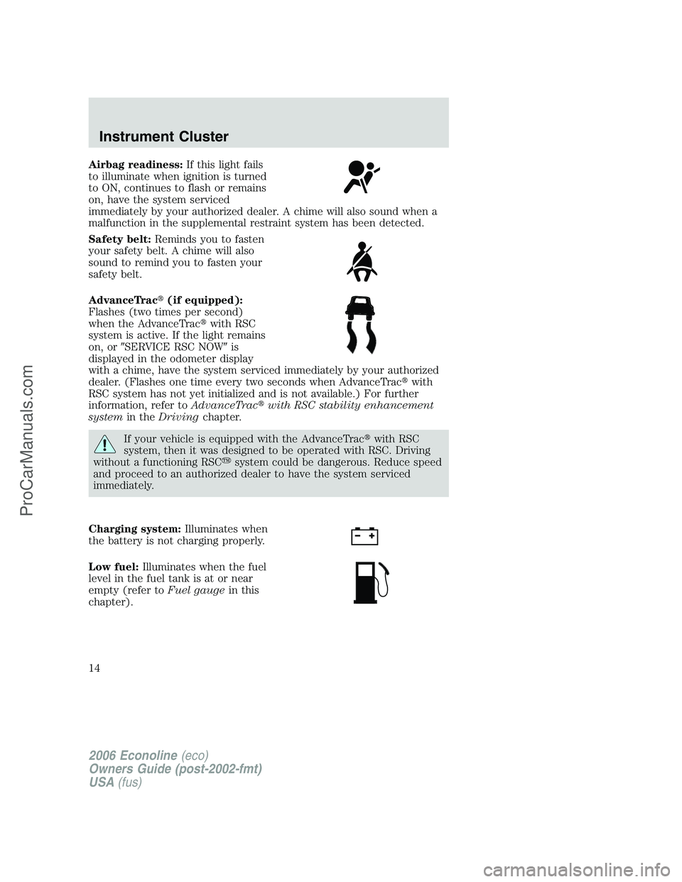 FORD E-250 2006 Owners Manual Airbag readiness:If this light fails
to illuminate when ignition is turned
to ON, continues to flash or remains
on, have the system serviced
immediately by your authorized dealer. A chime will also so FORD E-250 2006 Owners Manual Airbag readiness:If this light fails
to illuminate when ignition is turned
to ON, continues to flash or remains
on, have the system serviced
immediately by your authorized dealer. A chime will also so