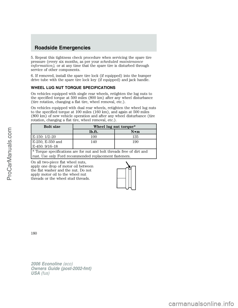 FORD E-250 2006 Owners Manual 5. Repeat this tightness check procedure when servicing the spare tire
pressure (every six months, as per yourscheduled maintenance
information),or at any time that the spare tire is disturbed through FORD E-250 2006 Owners Manual 5. Repeat this tightness check procedure when servicing the spare tire
pressure (every six months, as per yourscheduled maintenance
information),or at any time that the spare tire is disturbed through
