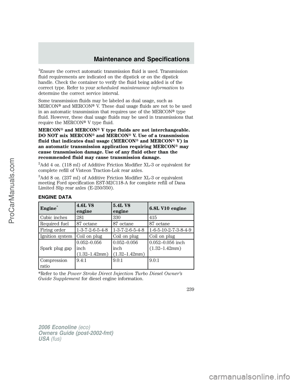 FORD E-250 2006 Owners Manual 1Ensure the correct automatic transmission fluid is used. Transmission
fluid requirements are indicated on the dipstick or on the dipstick
handle. Check the container to verify the fluid being added i FORD E-250 2006 Owners Manual 1Ensure the correct automatic transmission fluid is used. Transmission
fluid requirements are indicated on the dipstick or on the dipstick
handle. Check the container to verify the fluid being added i