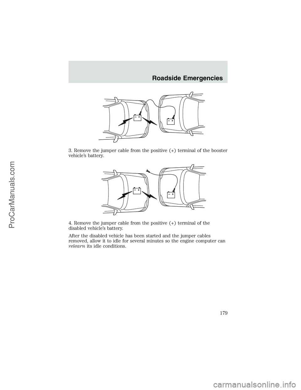 FORD E-250 2002  Owners Manual 3. Remove the jumper cable from the positive (+) terminal of the booster
vehicle’s battery.
4. Remove the jumper cable from the positive (+) terminal of the
disabled vehicle’s battery.
After the d