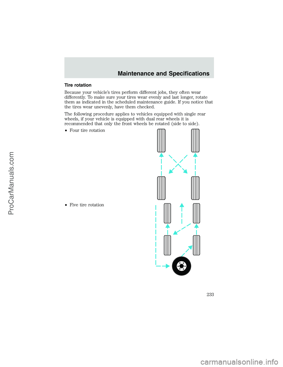 FORD E-250 2002  Owners Manual Tire rotation
Because your vehicle’s tires perform different jobs, they often wear
differently. To make sure your tires wear evenly and last longer, rotate
them as indicated in the scheduled mainten