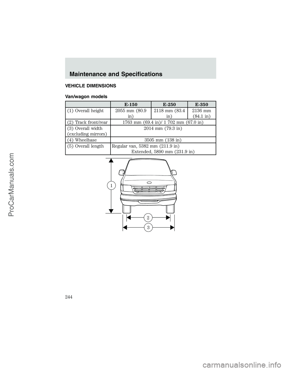 FORD E-250 2002  Owners Manual VEHICLE DIMENSIONS
Van/wagon models
E-150 E-250 E-350
(1) Overall height 2055 mm (80.9
in)2118 mm (83.4
in)2136 mm
(84.1 in)
(2) Track front/rear 1763 mm (69.4 in)/ 1 702 mm (67.0 in)
(3) Overall widt