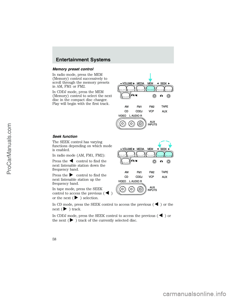FORD E-250 2002  Owners Manual Memory preset control
In radio mode, press the MEM
(Memory) control successively to
scroll through the memory presets
in AM, FM1 or FM2.
In CDDJ mode, press the MEM
(Memory) control to select the next