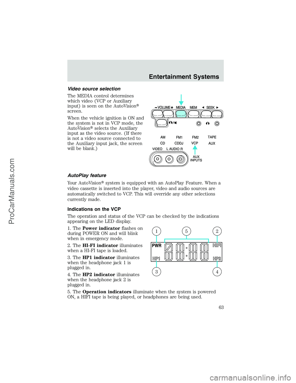 FORD E-250 2002  Owners Manual Video source selection
The MEDIA control determines
which video (VCP or Auxiliary
input) is seen on the AutoVision
screen.
When the vehicle ignition is ON and
the system is not in VCP mode, the
AutoV