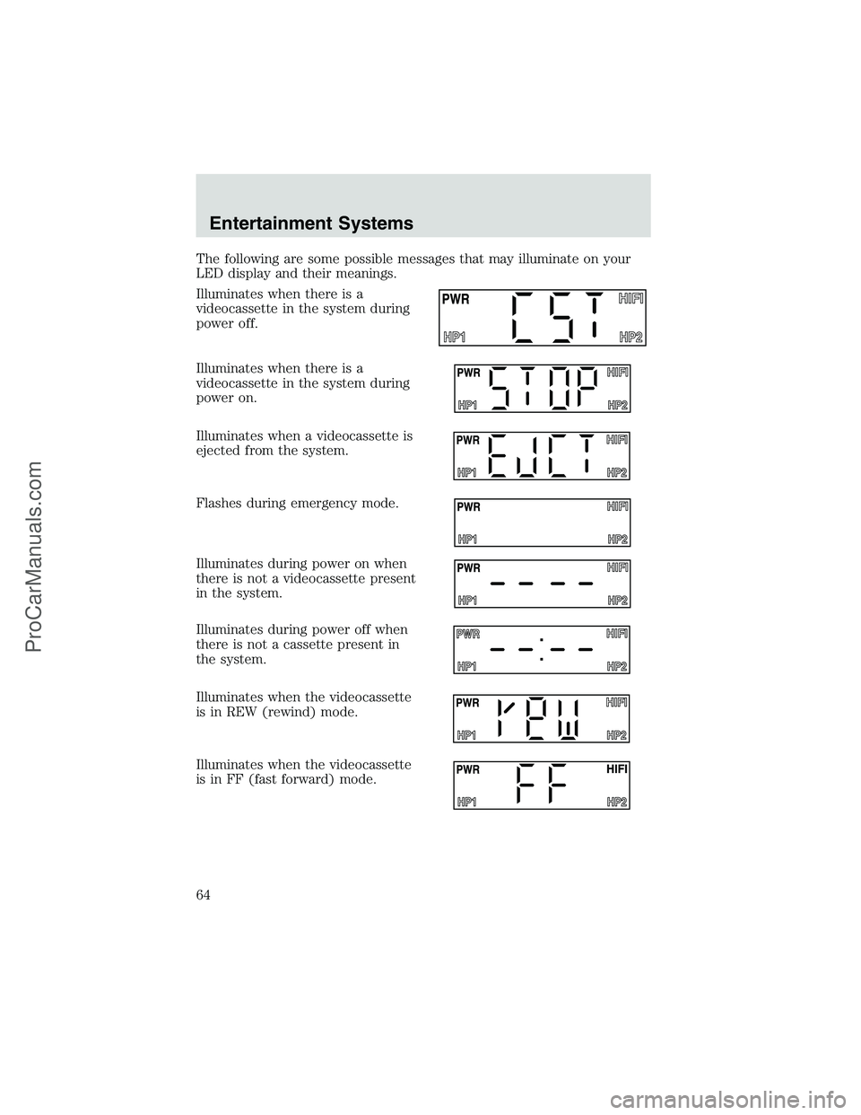 FORD E-250 2002  Owners Manual The following are some possible messages that may illuminate on your
LED display and their meanings.
Illuminates when there is a
videocassette in the system during
power off.
Illuminates when there is