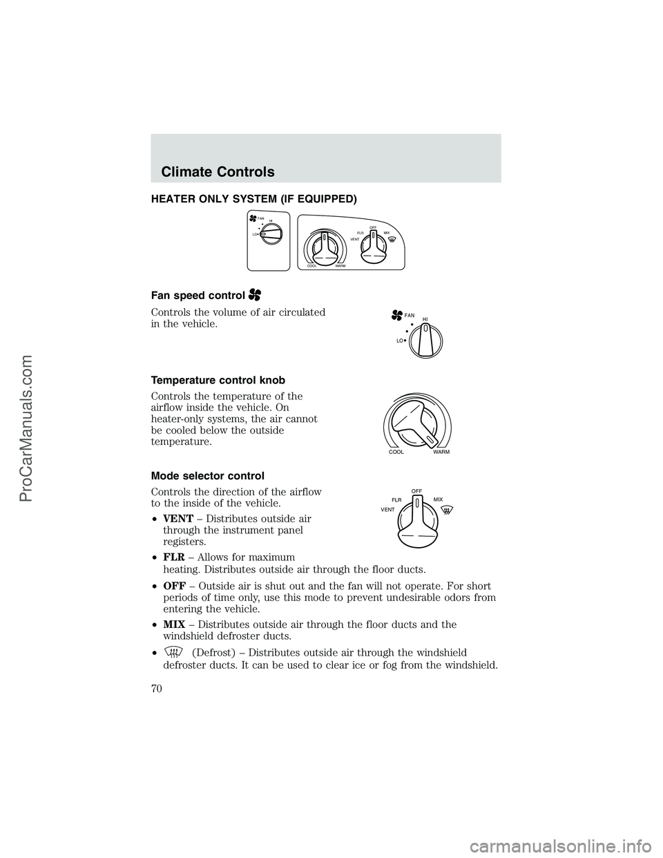 FORD E-250 2002 Owners Manual HEATER ONLY SYSTEM (IF EQUIPPED)
Fan speed control
Controls the volume of air circulated
in the vehicle.
Temperature control knob
Controls the temperature of the
airflow inside the vehicle. On
heater- FORD E-250 2002 Owners Manual HEATER ONLY SYSTEM (IF EQUIPPED)
Fan speed control
Controls the volume of air circulated
in the vehicle.
Temperature control knob
Controls the temperature of the
airflow inside the vehicle. On
heater-