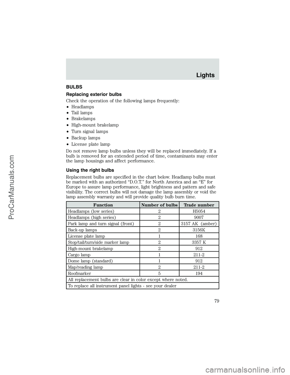FORD E-250 2002 Owners Manual BULBS
Replacing exterior bulbs
Check the operation of the following lamps frequently:
•Headlamps
•Tail lamps
•Brakelamps
•High-mount brakelamp
•Turn signal lamps
•Backup lamps
•License p FORD E-250 2002 Owners Manual BULBS
Replacing exterior bulbs
Check the operation of the following lamps frequently:
•Headlamps
•Tail lamps
•Brakelamps
•High-mount brakelamp
•Turn signal lamps
•Backup lamps
•License p