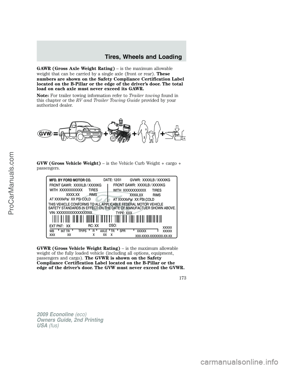 FORD E-250 2009  Owners Manual GAWR (Gross Axle Weight Rating)– is the maximum allowable
weight that can be carried by a single axle (front or rear).These
numbers are shown on the Safety Compliance Certification Label
located on 