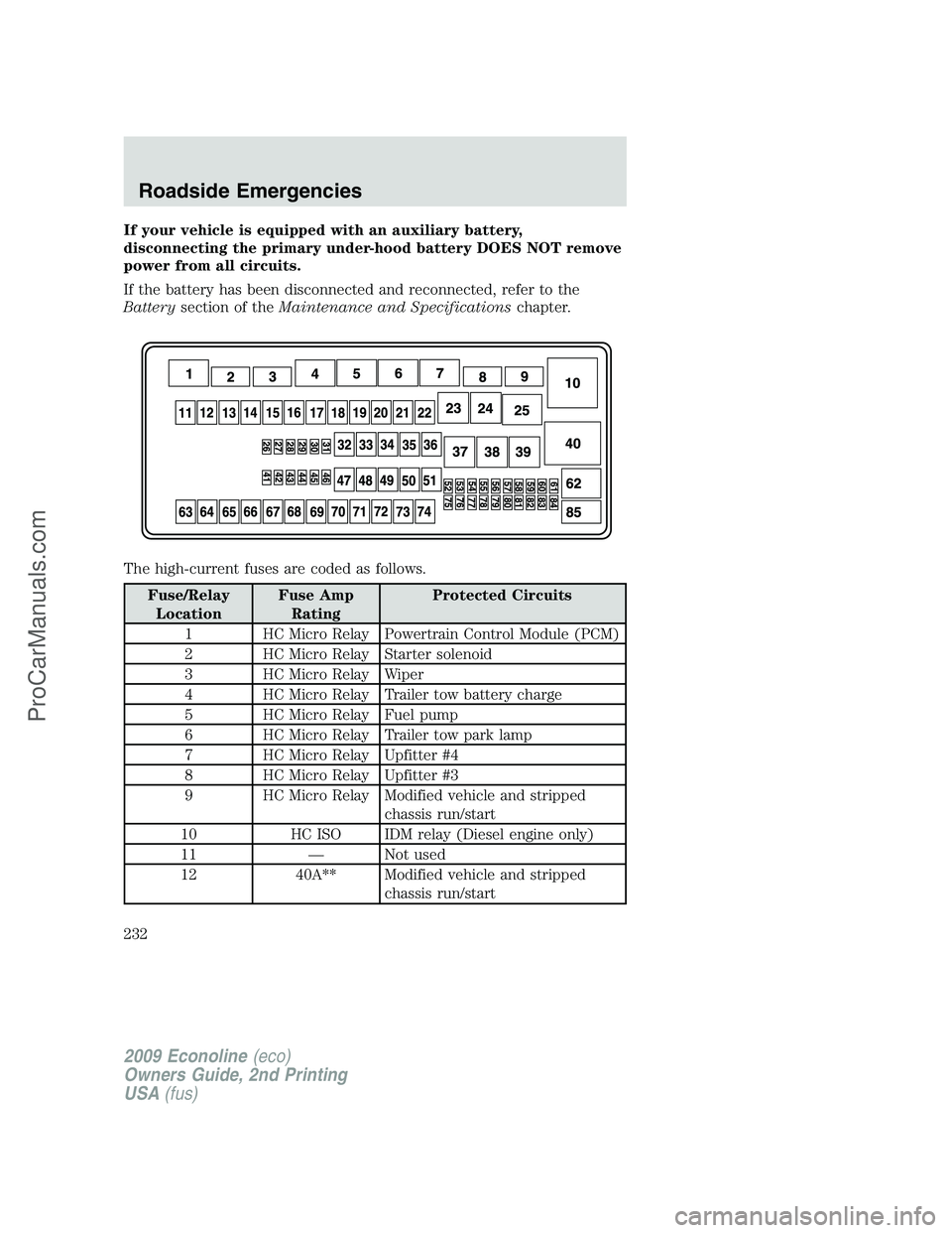 FORD E-250 2009  Owners Manual If your vehicle is equipped with an auxiliary battery,
disconnecting the primary under-hood battery DOES NOT remove
power from all circuits.
If the battery has been disconnected and reconnected, refer