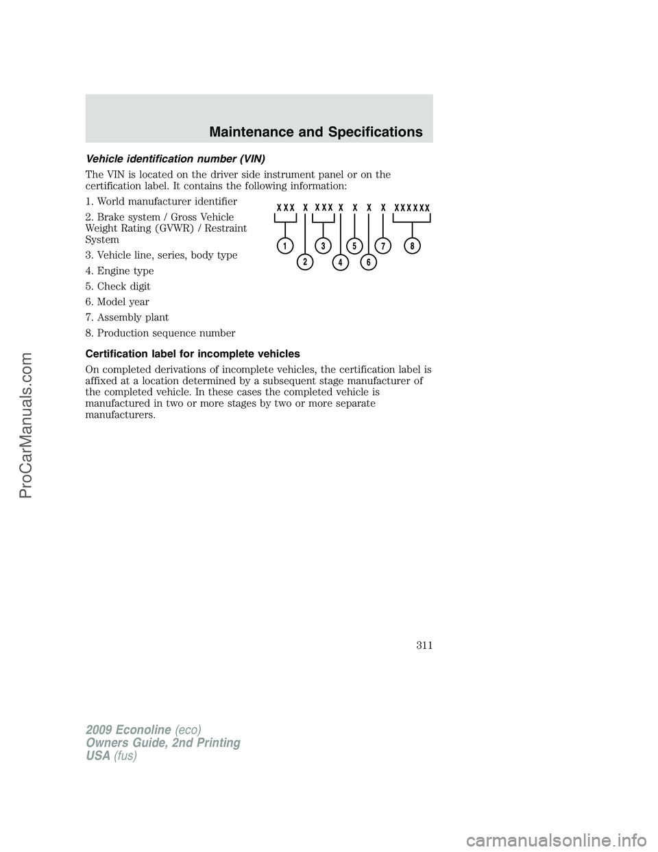 FORD E-250 2009  Owners Manual Vehicle identification number (VIN)
The VIN is located on the driver side instrument panel or on the
certification label. It contains the following information:
1. World manufacturer identifier
2. Bra