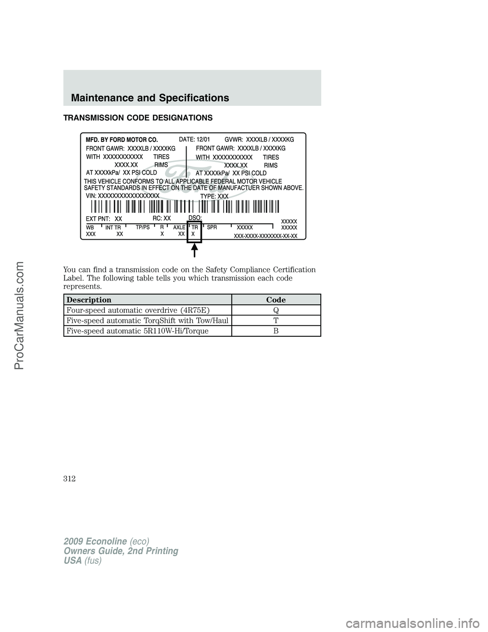 FORD E-250 2009  Owners Manual TRANSMISSION CODE DESIGNATIONS
You can find a transmission code on the Safety Compliance Certification
Label. The following table tells you which transmission each code
represents.
Description Code
Fo