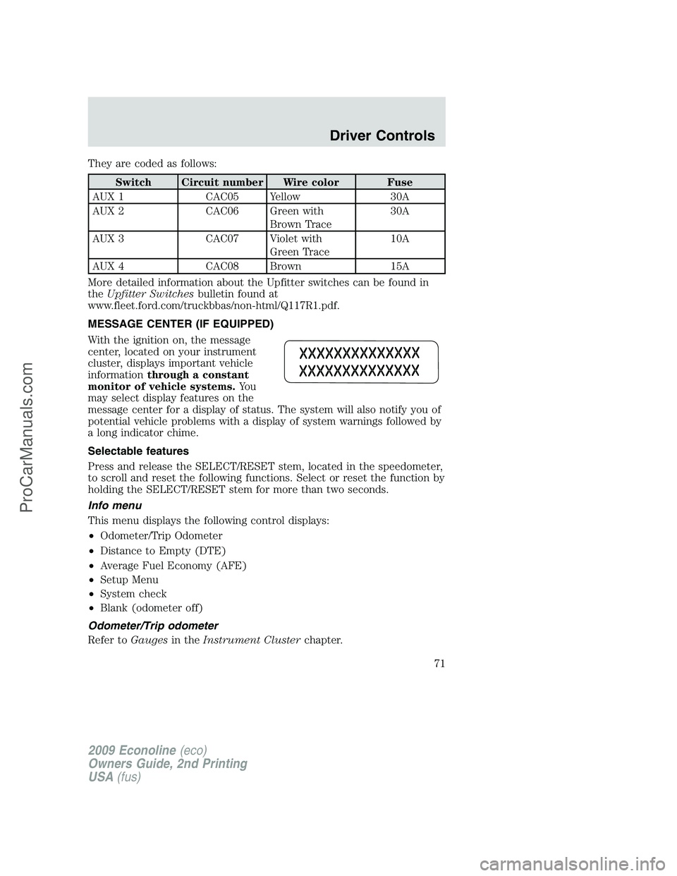 FORD E-250 2009  Owners Manual They are coded as follows:
Switch Circuit number Wire color Fuse
AUX 1 CAC05 Yellow 30A
AUX 2 CAC06 Green with
Brown Trace30A
AUX 3 CAC07 Violet with
Green Trace10A
AUX 4 CAC08 Brown 15A
More detailed