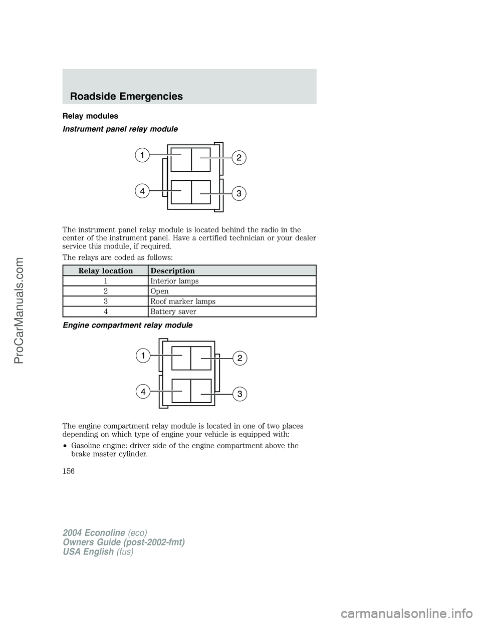 FORD E-350 2004  Owners Manual Relay modules
Instrument panel relay module
The instrument panel relay module is located behind the radio in the
center of the instrument panel. Have a certified technician or your dealer
service this