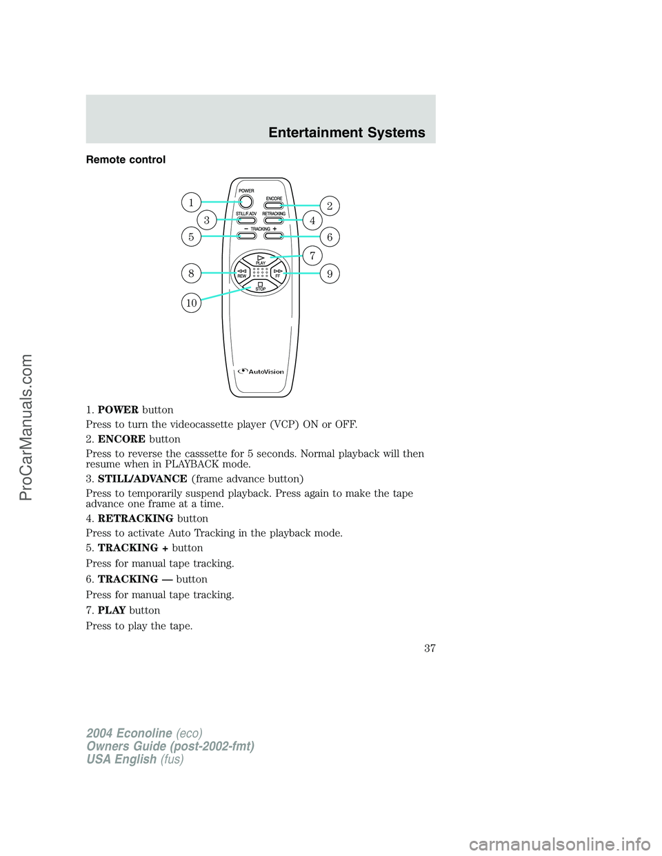 FORD E-350 2004  Owners Manual Remote control
1.POWERbutton
Press to turn the videocassette player (VCP) ON or OFF.
2.ENCOREbutton
Press to reverse the casssette for 5 seconds. Normal playback will then
resume when in PLAYBACK mode