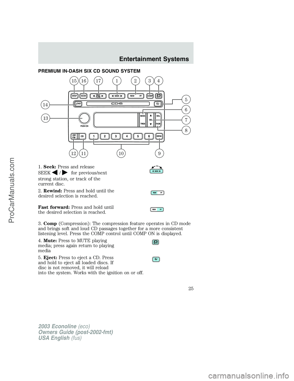 FORD E-350 2003  Owners Manual PREMIUM IN-DASH SIX CD SOUND SYSTEM
1.Seek:Press and release
SEEK
/for previous/next
strong station, or track of the
current disc.
2.Rewind:Press and hold until the
desired selection is reached.
Fast 