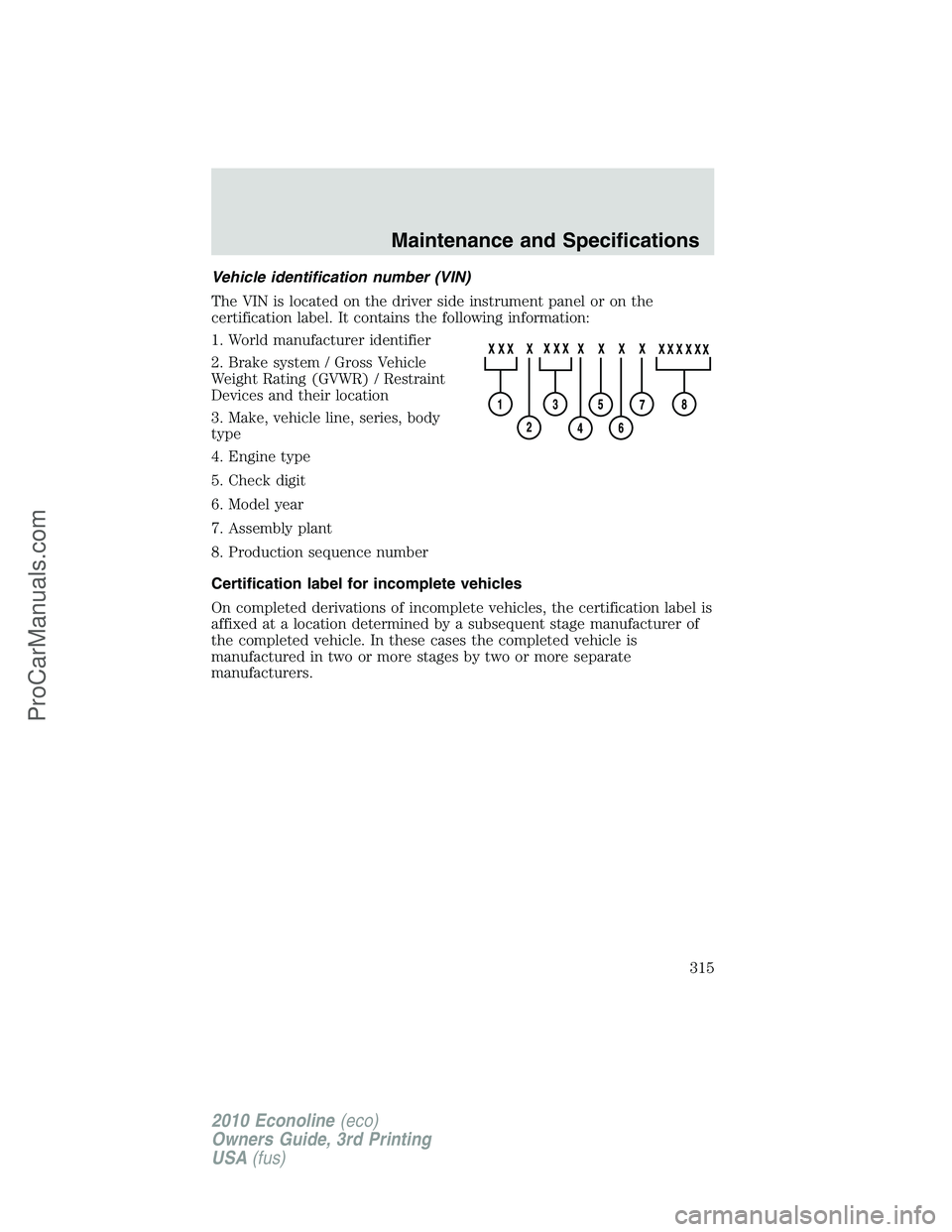 FORD E-350 2010  Owners Manual Vehicle identification number (VIN)
The VIN is located on the driver side instrument panel or on the
certification label. It contains the following information:
1. World manufacturer identifier
2. Bra