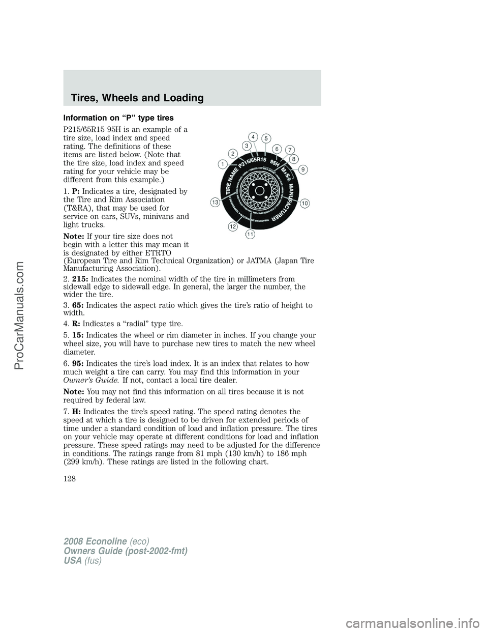 FORD E-350 2008 Owners Manual Information on “P” type tires
P215/65R15 95H is an example of a
tire size, load index and speed
rating. The definitions of these
items are listed below. (Note that
the tire size, load index and sp FORD E-350 2008 Owners Manual Information on “P” type tires
P215/65R15 95H is an example of a
tire size, load index and speed
rating. The definitions of these
items are listed below. (Note that
the tire size, load index and sp
