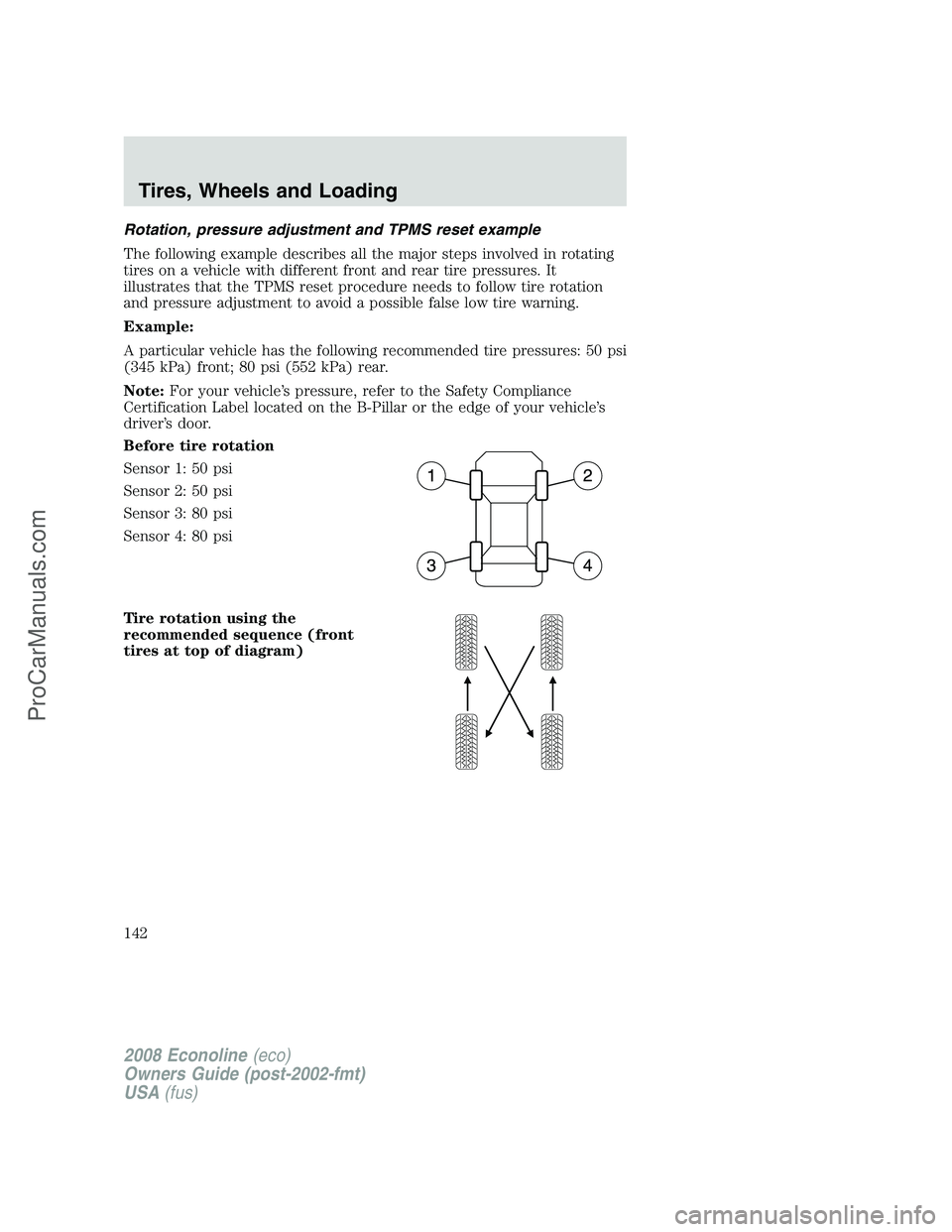 FORD E-350 2008  Owners Manual Rotation, pressure adjustment and TPMS reset example
The following example describes all the major steps involved in rotating
tires on a vehicle with different front and rear tire pressures. It
illust