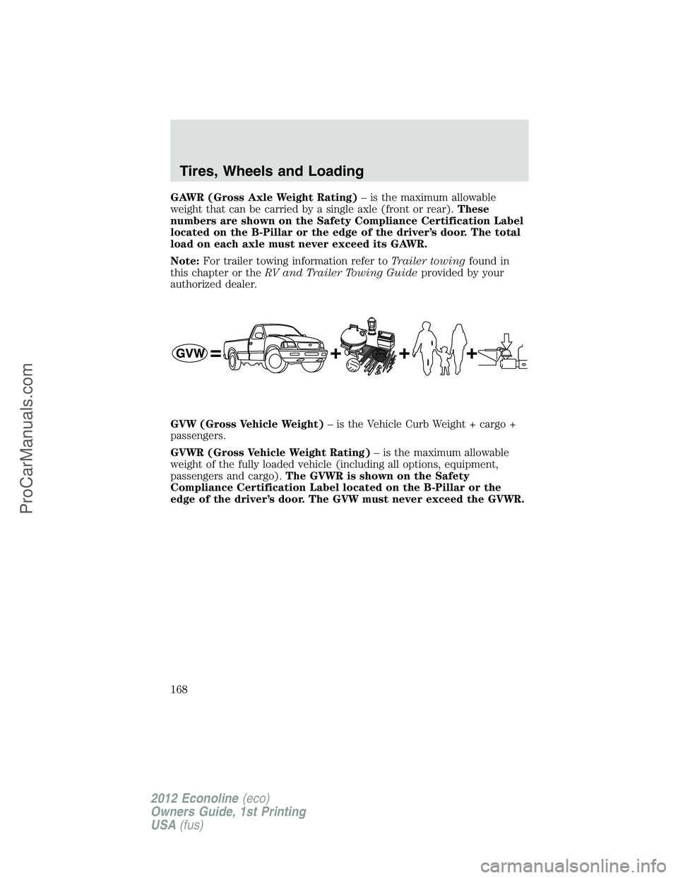 FORD E-350 2012  Owners Manual GAWR (Gross Axle Weight Rating)– is the maximum allowable
weight that can be carried by a single axle (front or rear).These
numbers are shown on the Safety Compliance Certification Label
located on 