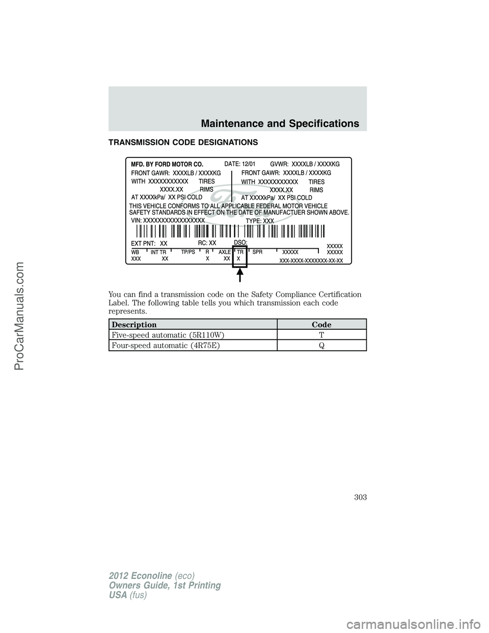 FORD E-350 2012  Owners Manual TRANSMISSION CODE DESIGNATIONS
You can find a transmission code on the Safety Compliance Certification
Label. The following table tells you which transmission each code
represents.
Description Code
Fi