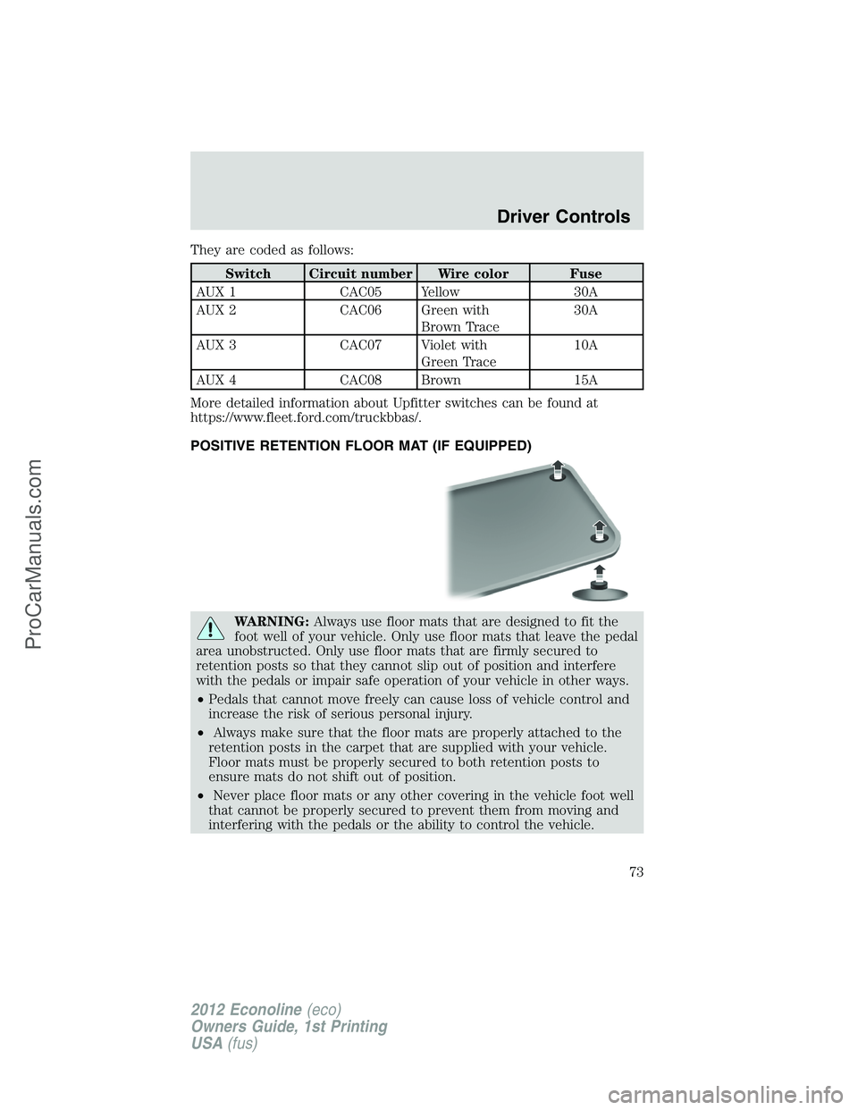 FORD E-350 2012  Owners Manual They are coded as follows:
Switch Circuit number Wire color Fuse
AUX 1 CAC05 Yellow 30A
AUX 2 CAC06 Green with
Brown Trace30A
AUX 3 CAC07 Violet with
Green Trace10A
AUX 4 CAC08 Brown 15A
More detailed