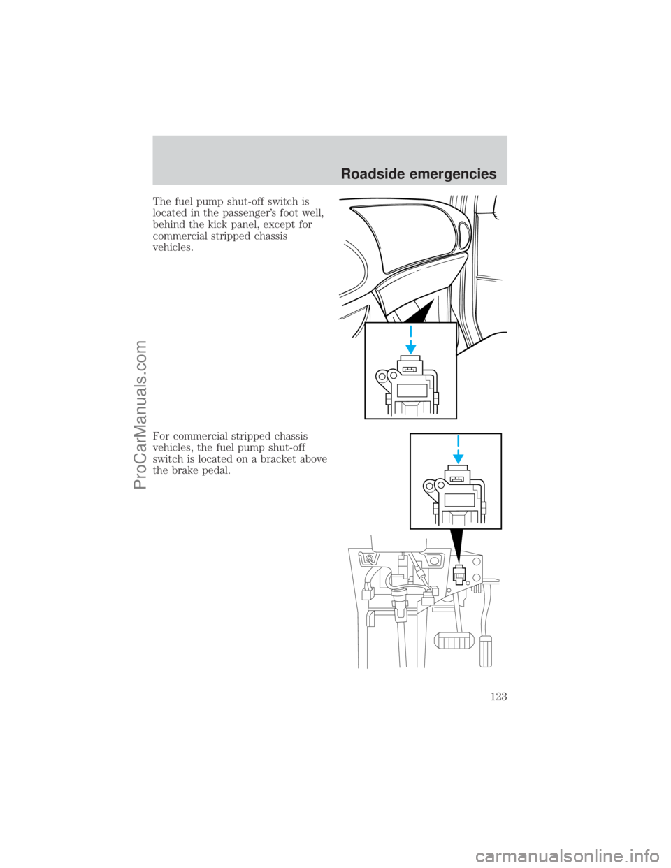 FORD E-450 2001  Owners Manual The fuel pump shut-off switch is
located in the passengers foot well,
behind the kick panel, except for
commercial stripped chassis
vehicles.
For commercial stripped chassis
vehicles, the fuel pump s