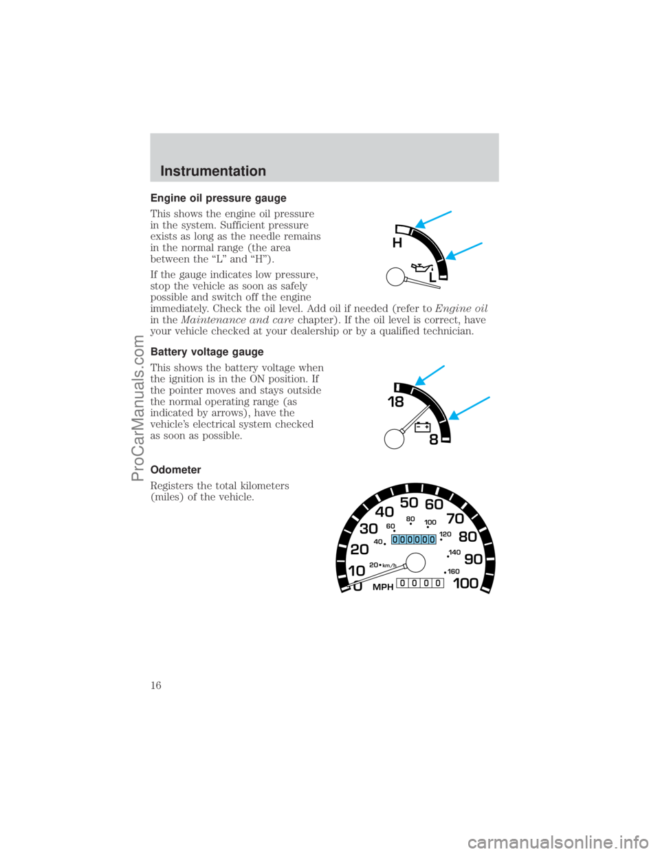FORD E-450 2001  Owners Manual Engine oil pressure gauge
This shows the engine oil pressure
in the system. Sufficient pressure
exists as long as the needle remains
in the normal range (the area
between the ªLº and ªHº).
If the 