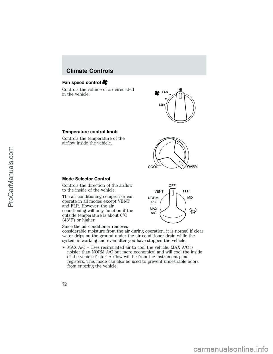 FORD E-450 2002  Owners Manual Fan speed control
Controls the volume of air circulated
in the vehicle.
Temperature control knob
Controls the temperature of the
airflow inside the vehicle.
Mode Selector Control
Controls the directio