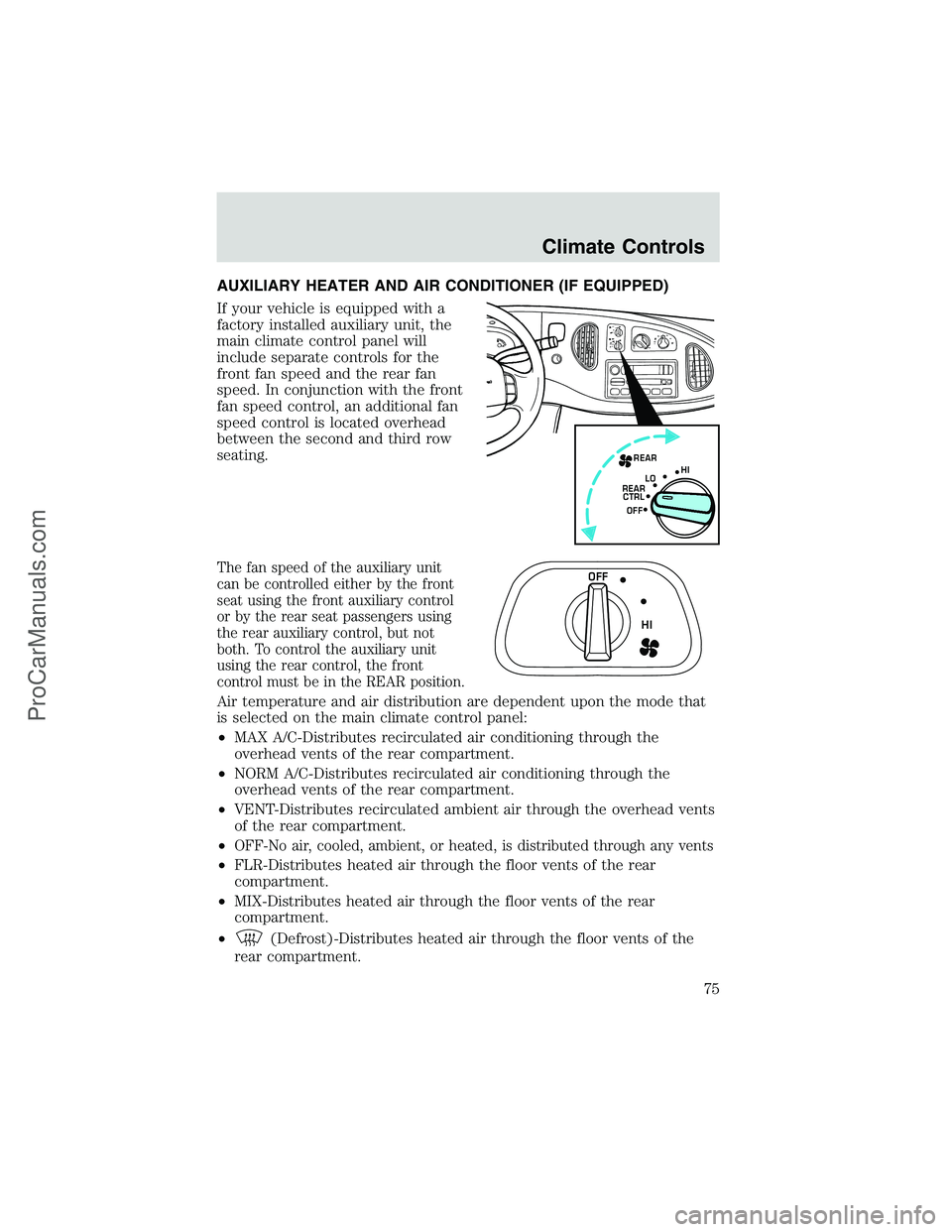 FORD E-450 2002  Owners Manual AUXILIARY HEATER AND AIR CONDITIONER (IF EQUIPPED)
If your vehicle is equipped with a
factory installed auxiliary unit, the
main climate control panel will
include separate controls for the
front fan 