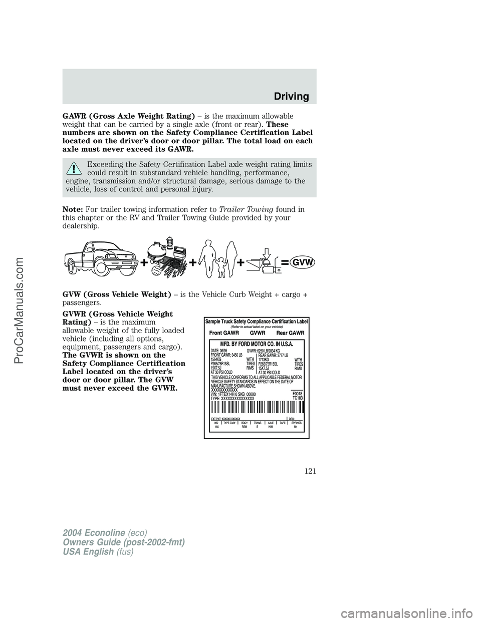 FORD E-450 2004  Owners Manual GAWR (Gross Axle Weight Rating)–is the maximum allowable
weight that can be carried by a single axle (front or rear).These
numbers are shown on the Safety Compliance Certification Label
located on t