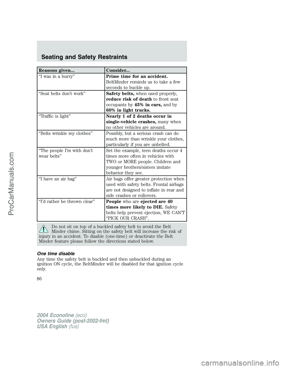 FORD E-450 2004  Owners Manual Reasons given... Consider...
“I was in a hurry”Prime time for an accident.
BeltMinder reminds us to take a few
seconds to buckle up.
“Seat belts don’t work”Safety belts,when used properly,
r