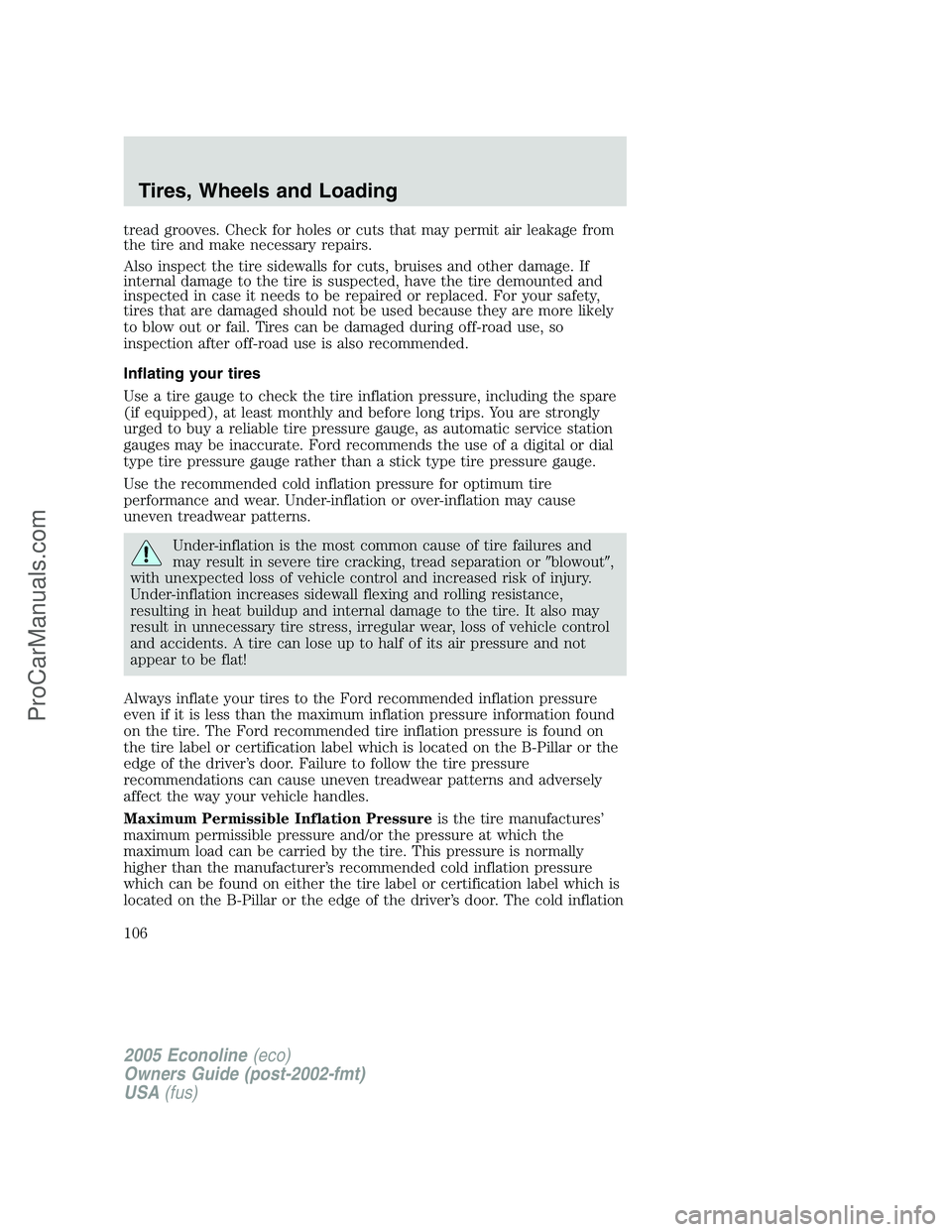 FORD E-450 2005  Owners Manual tread grooves. Check for holes or cuts that may permit air leakage from
the tire and make necessary repairs.
Also inspect the tire sidewalls for cuts, bruises and other damage. If
internal damage to t