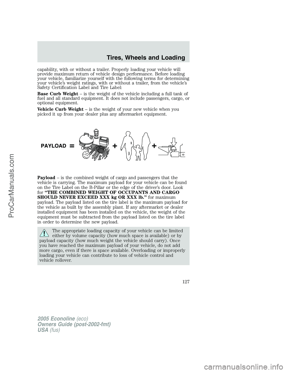FORD E-450 2005 Owners Manual capability, with or without a trailer. Properly loading your vehicle will
provide maximum return of vehicle design performance. Before loading
your vehicle, familiarize yourself with the following ter FORD E-450 2005 Owners Manual capability, with or without a trailer. Properly loading your vehicle will
provide maximum return of vehicle design performance. Before loading
your vehicle, familiarize yourself with the following ter