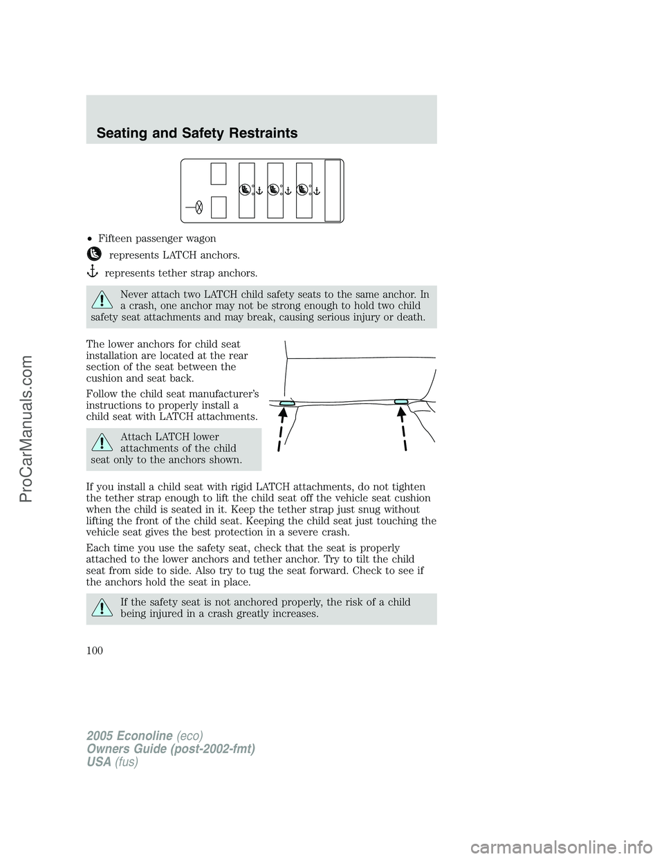FORD E-450 2005 Owners Manual •Fifteen passenger wagon
represents LATCH anchors.
represents tether strap anchors.
Never attach two LATCH child safety seats to the same anchor. In
a crash, one anchor may not be strong enough to h FORD E-450 2005 Owners Manual •Fifteen passenger wagon
represents LATCH anchors.
represents tether strap anchors.
Never attach two LATCH child safety seats to the same anchor. In
a crash, one anchor may not be strong enough to h
