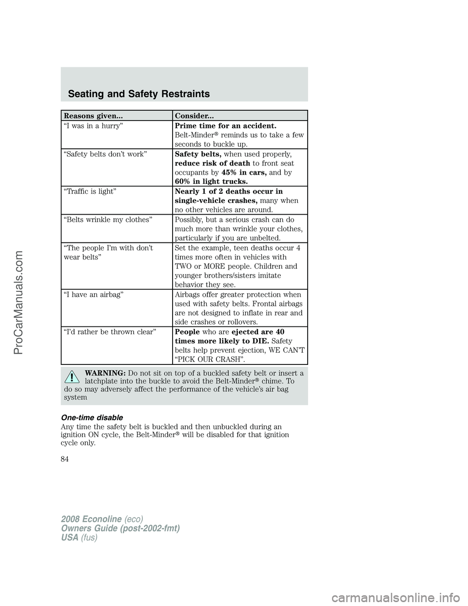 FORD E-450 2008  Owners Manual Reasons given... Consider...
“I was in a hurry”Prime time for an accident.
Belt-Minderreminds us to take a few
seconds to buckle up.
“Safety belts don’t work”Safety belts,when used properly