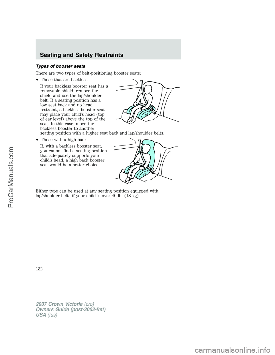 FORD E-450 2007  Owners Manual Types of booster seats
There are two types of belt-positioning booster seats:
•Those that are backless.
If your backless booster seat has a
removable shield, remove the
shield and use the lap/should