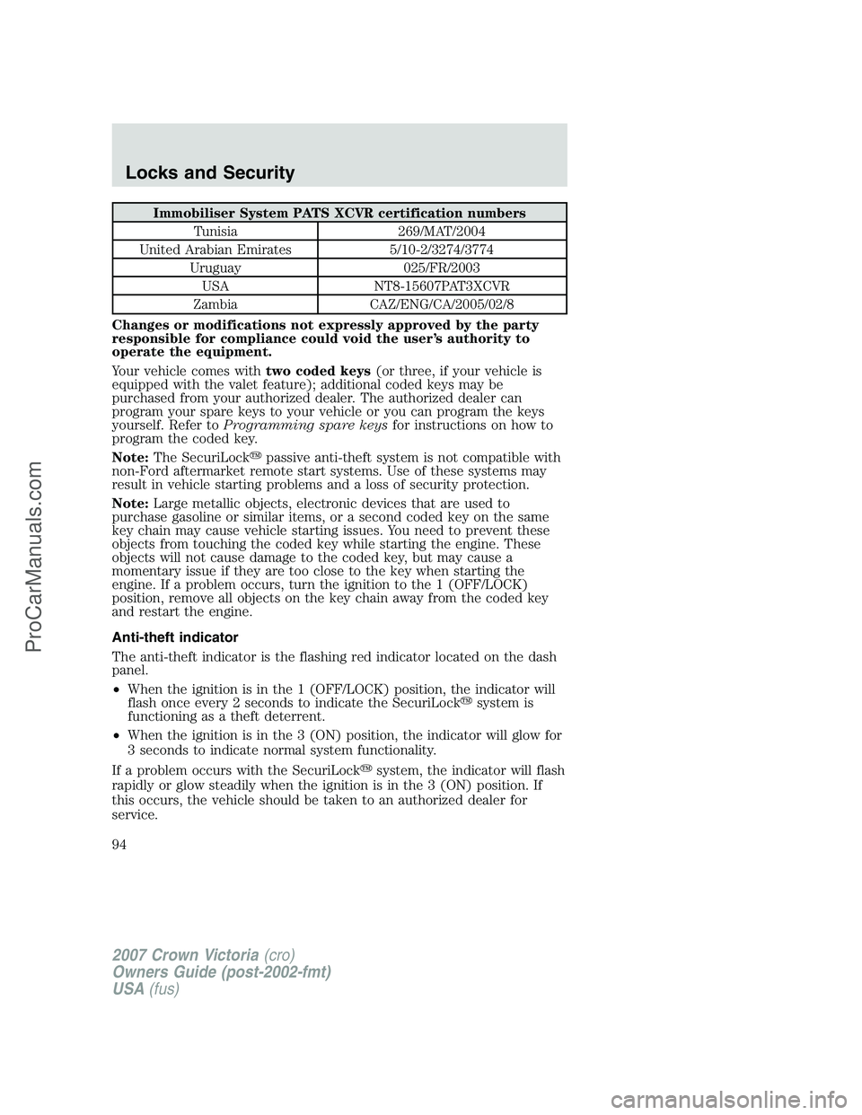 FORD E-450 2007  Owners Manual Immobiliser System PATS XCVR certification numbers
Tunisia 269/MAT/2004
United Arabian Emirates 5/10-2/3274/3774
Uruguay 025/FR/2003
USA NT8-15607PAT3XCVR
Zambia CAZ/ENG/CA/2005/02/8
Changes or modifi