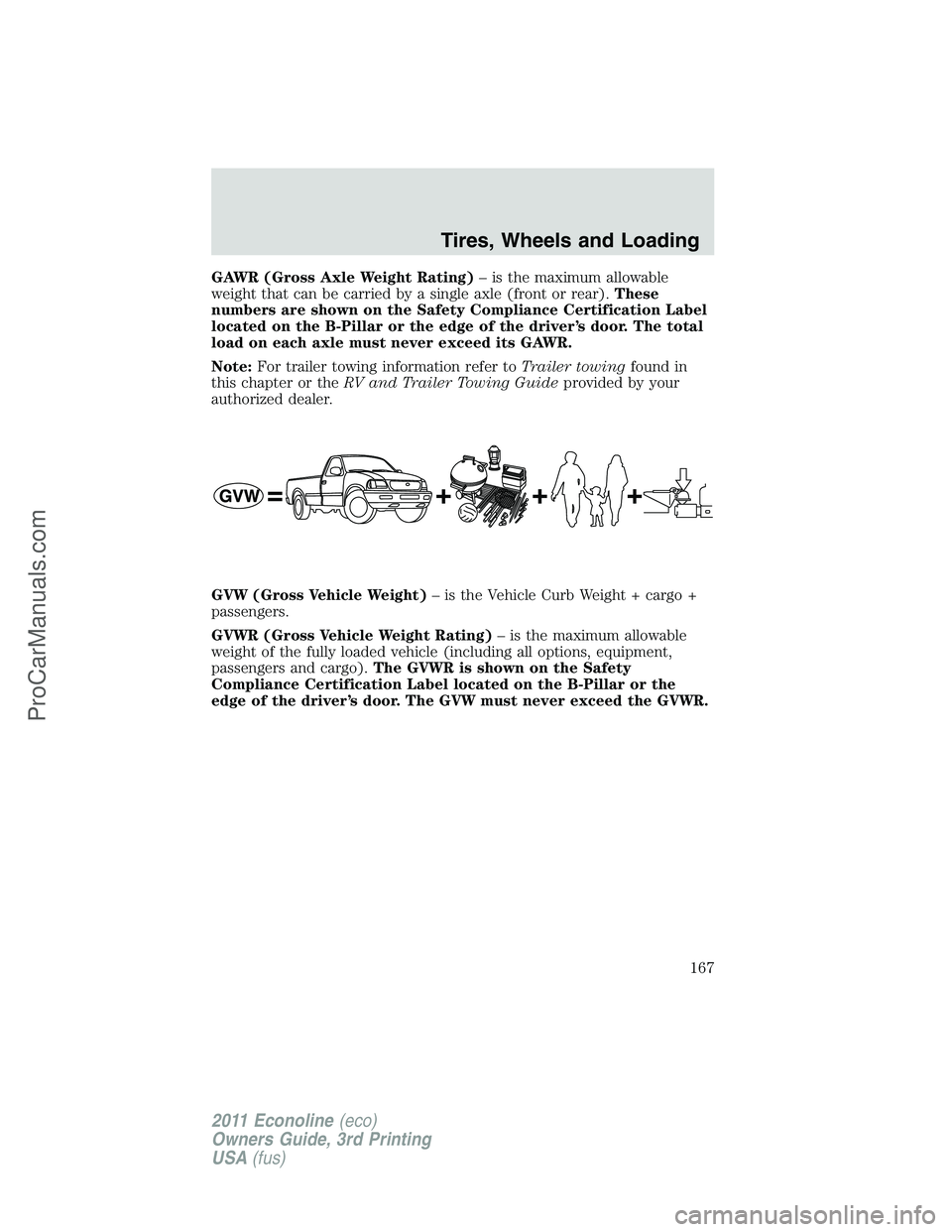 FORD E-450 2011  Owners Manual GAWR (Gross Axle Weight Rating)– is the maximum allowable
weight that can be carried by a single axle (front or rear).These
numbers are shown on the Safety Compliance Certification Label
located on 